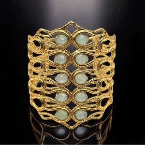 Alexis Bittar Wide Gold Tone Green Teardrop Stone Cuff Statement Bracelet 6.5”